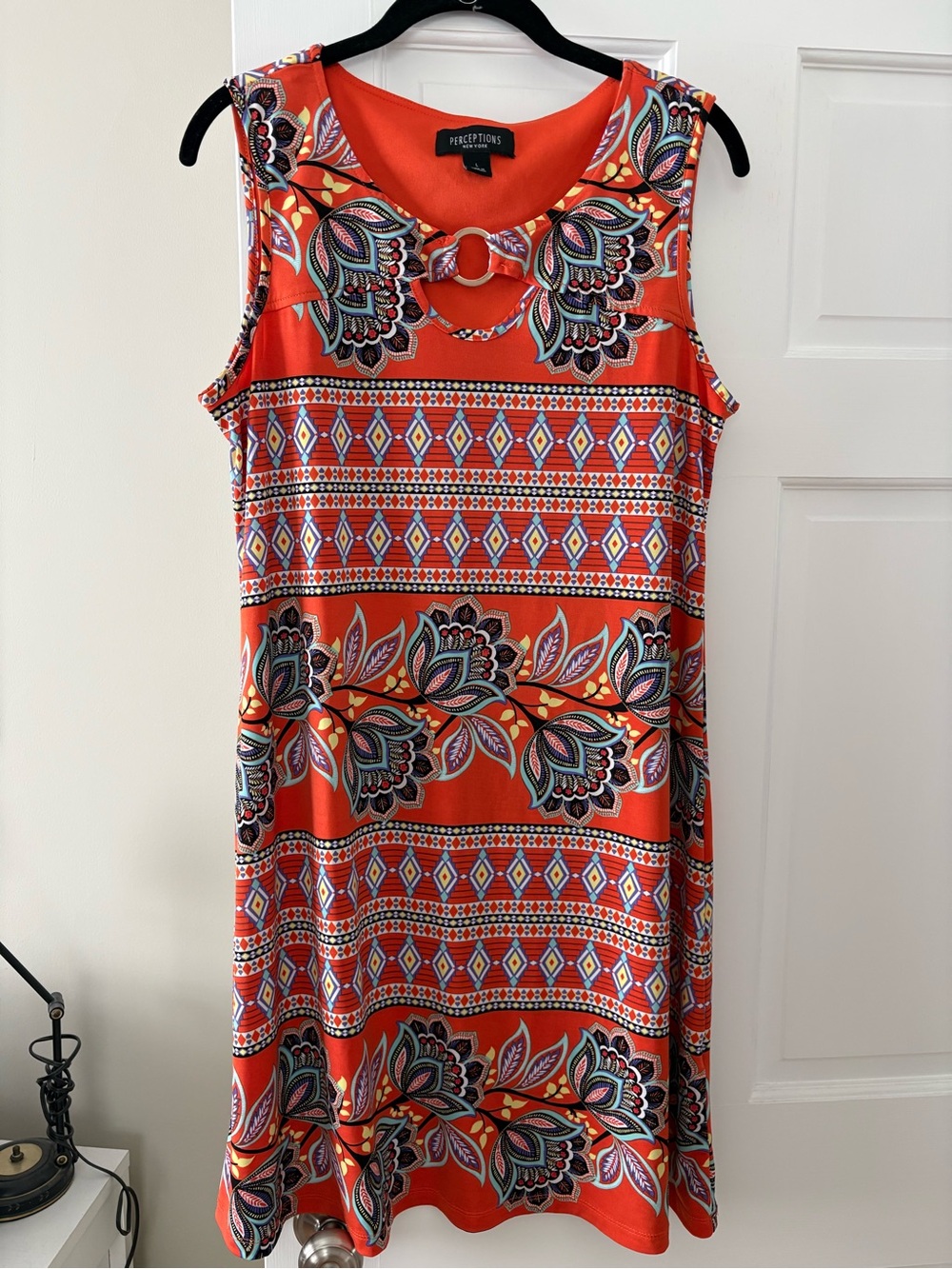 Perceptions Orange Floral & Geometric Sleeveless Ring-Neck Dress